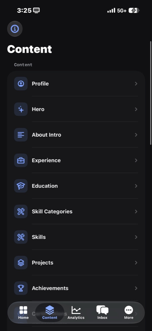 The Sumesphere app's Content screen, listing every portfolio section — Profile, Hero, About, Experience, Education, Skills, Projects — ready to edit
